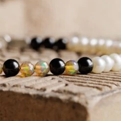 Golden Ethiopian Opal-White Pearl-Black Tourmaline Bracelet I (3.5-4.5mm) -Aurum Brothers Facetted opal pearl black tourmaline 2 343597