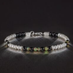 Golden Ethiopian Opal-White Pearl-Black Tourmaline Bracelet I (3.5-4.5mm)