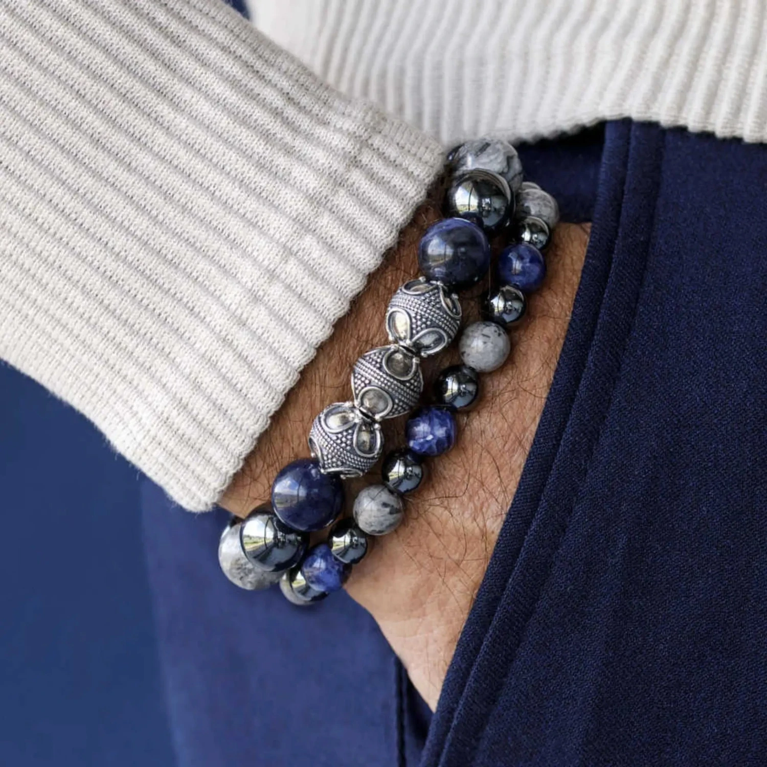 Sodalite-Picasso Jasper-Hematite Bracelet I (8mm) 2 Sodalite-Picasso Jasper-Hematite Bracelet I (8mm) - Image 2